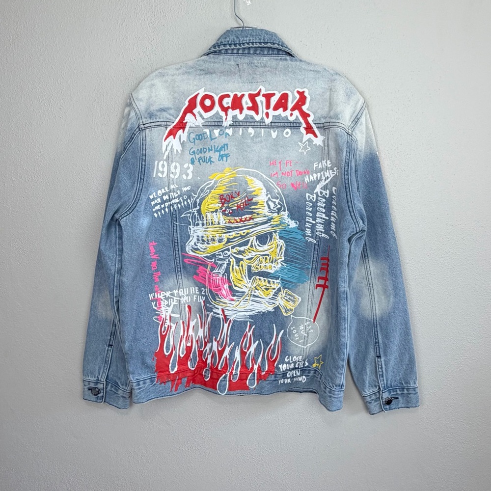 Rockstar Original Koontz Blue Jean Jacket Painted Graffiti Print Size Medium - Picture 7 of 11